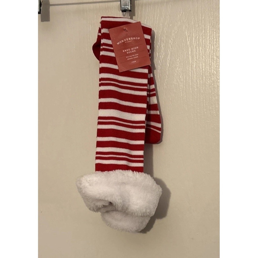 New Wondershop Target Red White Stripe Knee High Socks Faux Fur TrimNice Naughty